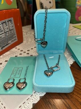 Tiffany & Co. Silver Heart Tag Necklace, Bracelet and Earrings Set with Blue Box